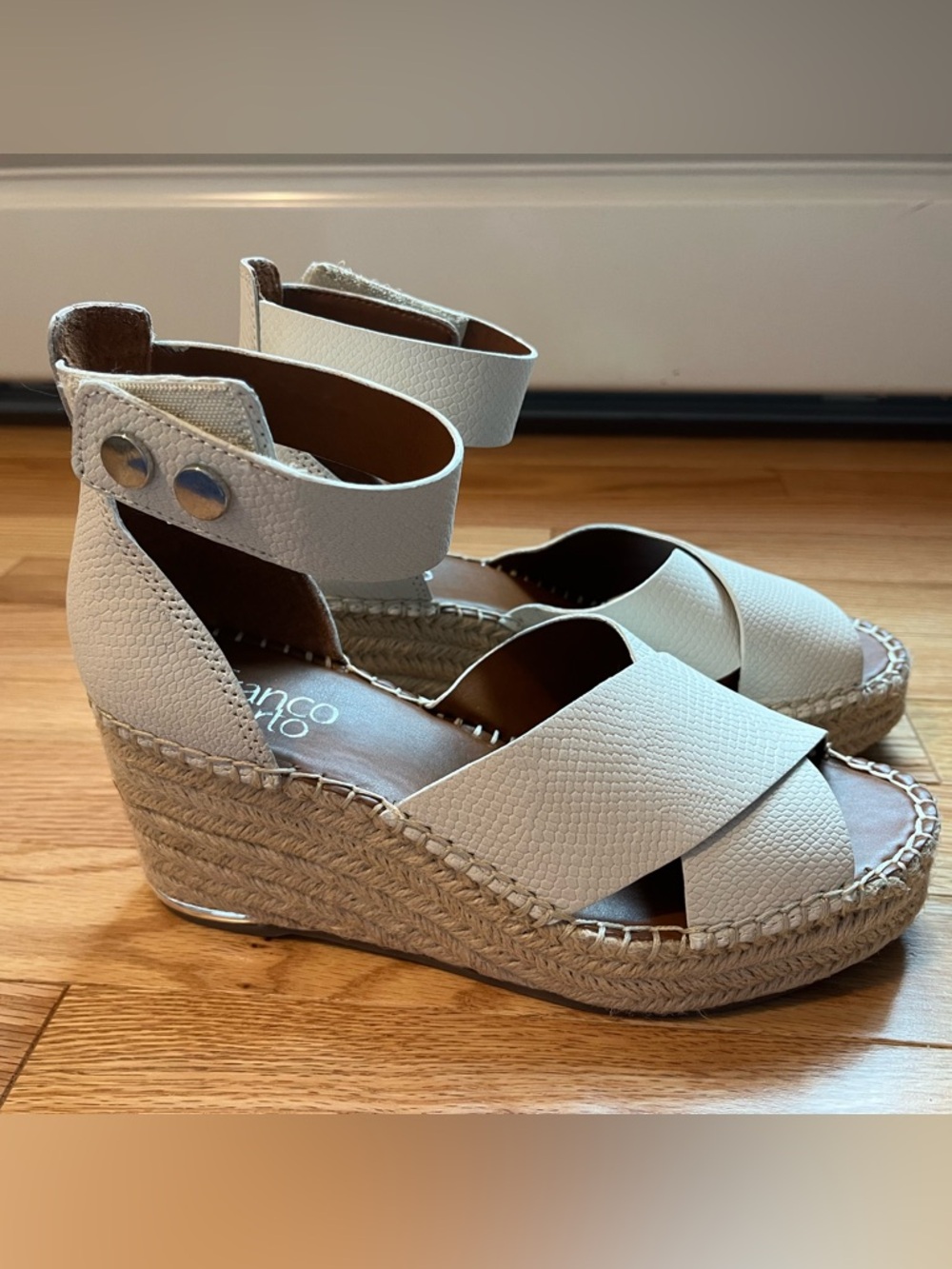 Franco Sarto Cream Leather Espadrille Wedge Sandals
